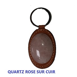 QUARTZ ROSE SUR PORTE CLES CUIR
