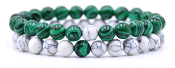 2 BRACELETS POUR COUPLE EN HOWLITE BLANCHE ET MALACHITE