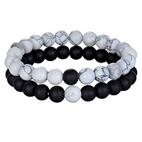 2 BRACELETS POUR COUPLE EN HOWLITE BLANCHE ET ONYX