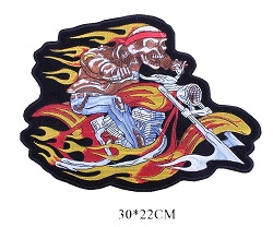 GRAND ECUSSON PATCH THERMOCOLLANT BIKER EN FLAMME 29 CMS / 21 CMS