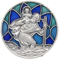SAINT CHRISTOPHE PLAQUE AUTO MAGNET VITRAIL BLEU ET VERT