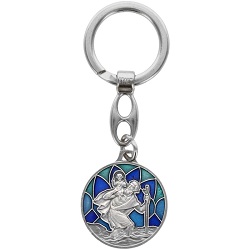 SAINT CHRISTOPHE PORTE CLES ROND VITRAIL BLEU ET VERT