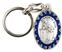 SAINTE RITA FORME OVALE BLEUE PORTE CLES