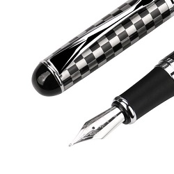 STYLO PLUME DAMIER NOIR/ARGENTE AVEC ETUI CUIR NOIR