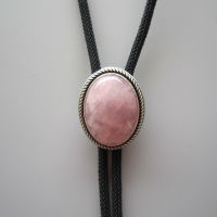 BOLO TIE CRAVATE WESTERN PLAQUE ARGENT QUARTZ ROSE